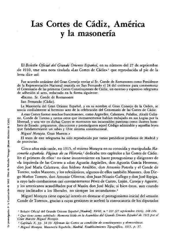 Las Cortes de Cádiz, América y la masonería / José A. Ferrer Benimelli | Biblioteca Virtual Miguel de Cervantes