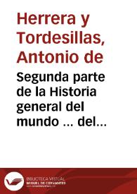 Portada:Segunda parte de la Historia general del mundo ... del señor rey don Felipe II el prudente, desde el año de MDLXXV hasta el de MDLXXXV / escrita por Antonio de Herrera ...