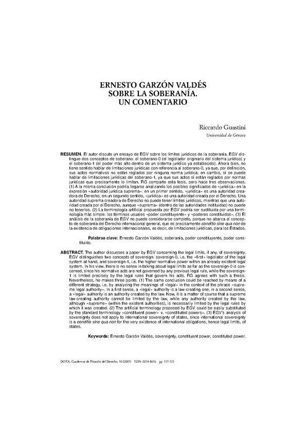 Ernesto Garzón Valdés sobre la soberanía. Un comentario / Ricardo Guastini | Biblioteca Virtual Miguel de Cervantes