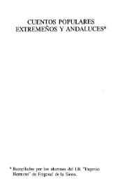 Portada:Cuentos populares extremeños y andaluces / recopilados por los alumnos del I.B. \"Eugenio Hermoso\" de Fregenal de la Sierra