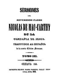 Portada:Sermones del reverendo padre Nicolas de Mac-Carthy. Tomo 3