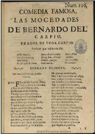 Portada:Comedia famosa, Las mocedades de Bernardo del Carpio / de Lope de Vega Carpio