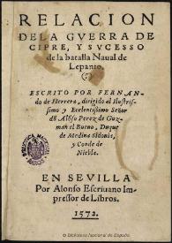Portada:Relación de la guerra de Cipre, y suceso de la batalla Naval de Lepanto / escrito por Fernando de Herrera ...