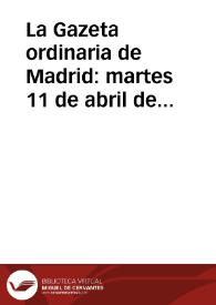Portada:La Gazeta ordinaria de Madrid : martes 11 de abril de 1679