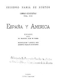 Portada:España y América / Eugenio María de Hostos; prólogo por el Dr. Francisco Elías de Tejada; recopilación y arreglo por Eugenio Carlos de Hostos