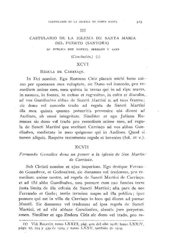 Cartulario de Santa María del Puerto (Santoña) [VII] (Conclusión) (XCVI-CII) / lo publica Don Manuel Serrano y Sanz | Biblioteca Virtual Miguel de Cervantes