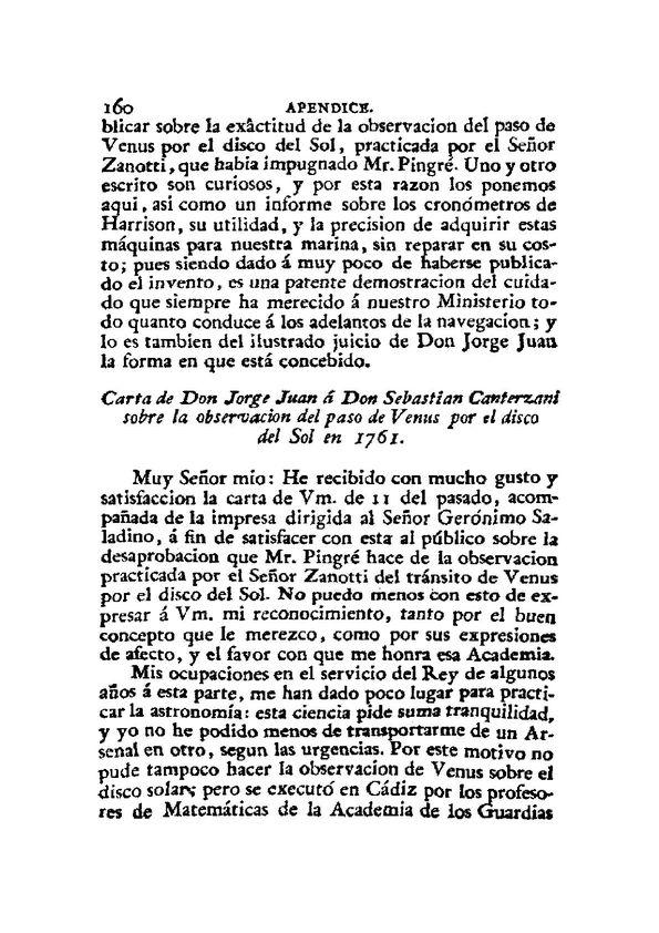 Carta de don Jorge Juan a don Sebastián Canterzani sobre las observaciones del paso de Venus por el disco del Sol | Biblioteca Virtual Miguel de Cervantes
