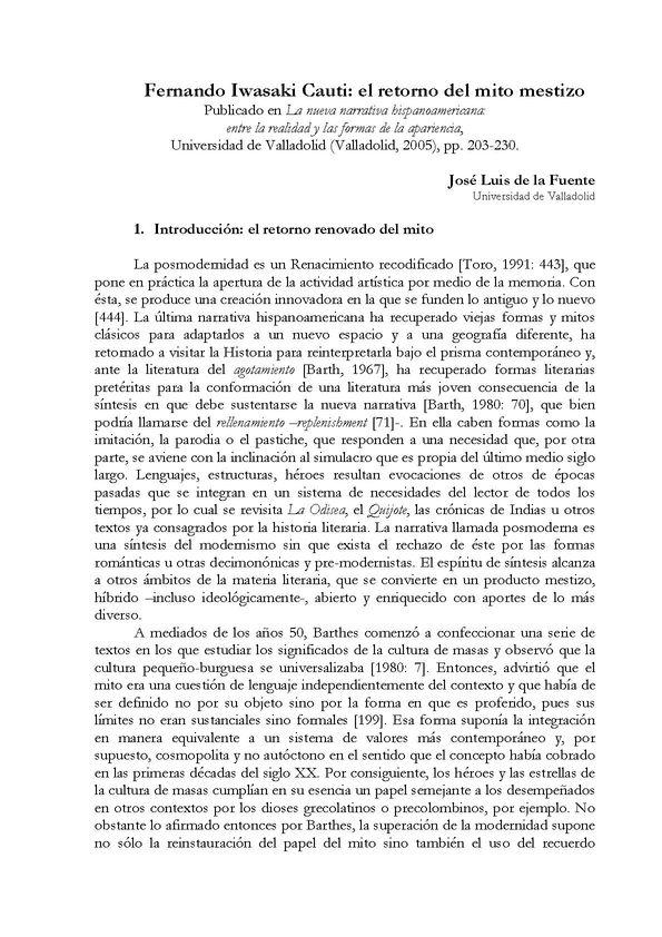 Fernando Iwasaki Cauti: el retorno del mito mestizo / José Luis de la Fuente | Biblioteca Virtual Miguel de Cervantes