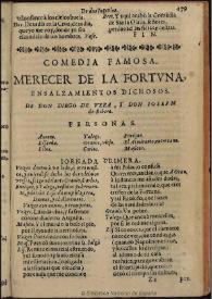Portada:Merecer de la Fortuna, ensalzamientos dichosos / de Don Diego de Vera y D. Ioseph de Ribera