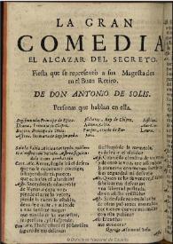Portada:El alcazar del secreto [1675?] / de Don Antonio de Solis