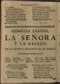 Portada:La señora y la criada / de D. Pedro Calderon de la Barca