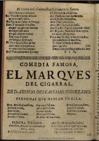 Portada:El Marques del Cigarral / de D. Antonio del Castillo Solorzano