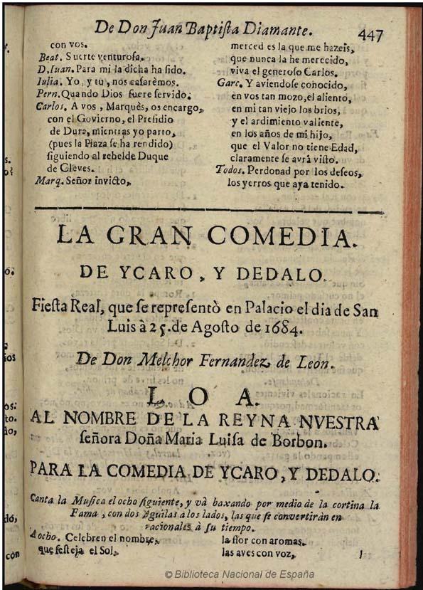 La gran comedia de Ycaro, y Dedalo / de Don Melchor Fernandez de Leon | Biblioteca Virtual Miguel de Cervantes