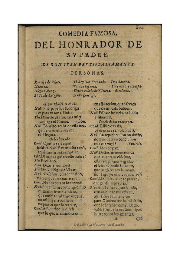 El honrador de su padre / de don Iuan Bautista Diamante | Biblioteca Virtual Miguel de Cervantes