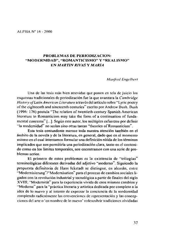 Problemas de periodización : "Modernidad", "Romanticismo" y "Realismo" en "Martín Rivas" y "María" / Manfred Engelbert | Biblioteca Virtual Miguel de Cervantes