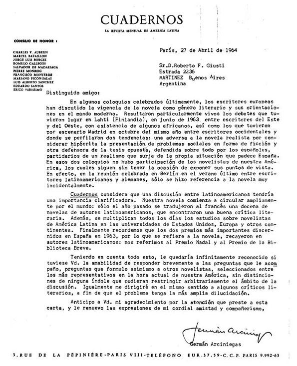 Arciniegas, Germán, 27 de abril de 1964 | Biblioteca Virtual Miguel de Cervantes