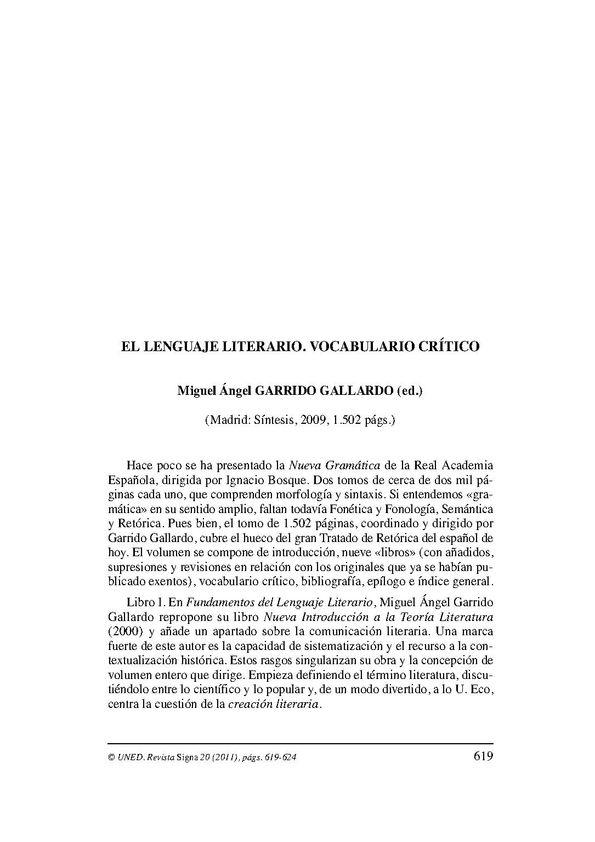 Miguel Ángel Garrido Gallardo (ed.). "El lenguaje literario. Vocabulario crítico". (Madrid: Síntesis, 2009) / Eliabe Procópio | Biblioteca Virtual Miguel de Cervantes
