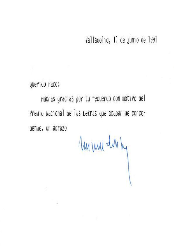 Carta de Miguel Delibes a Francisco Rabal. 11 de junio de 1991 | Biblioteca Virtual Miguel de Cervantes