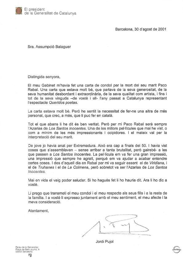 Carta de Jordi Pujol a Asunción Balaguer. Barcelona, 30 de agosto de 2001 | Biblioteca Virtual Miguel de Cervantes