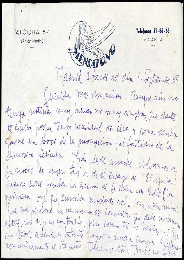 Carta de Francisco Rabal a Asunción Balaguer. Madrid, 1 de septiembre de 1949 | Biblioteca Virtual Miguel de Cervantes