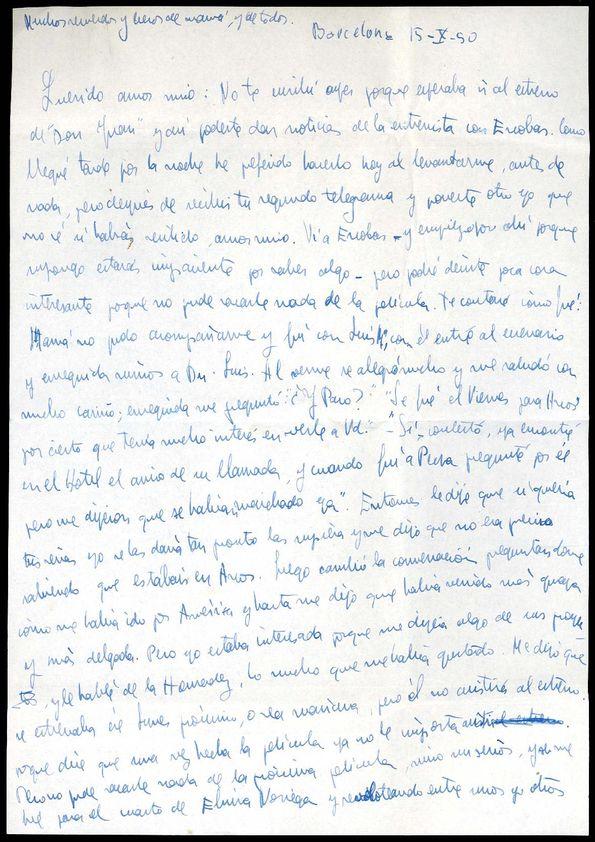 Carta de Asunción Balaguer a Francisco Rabal. Barcelona, 15 de octubre de 1950 | Biblioteca Virtual Miguel de Cervantes