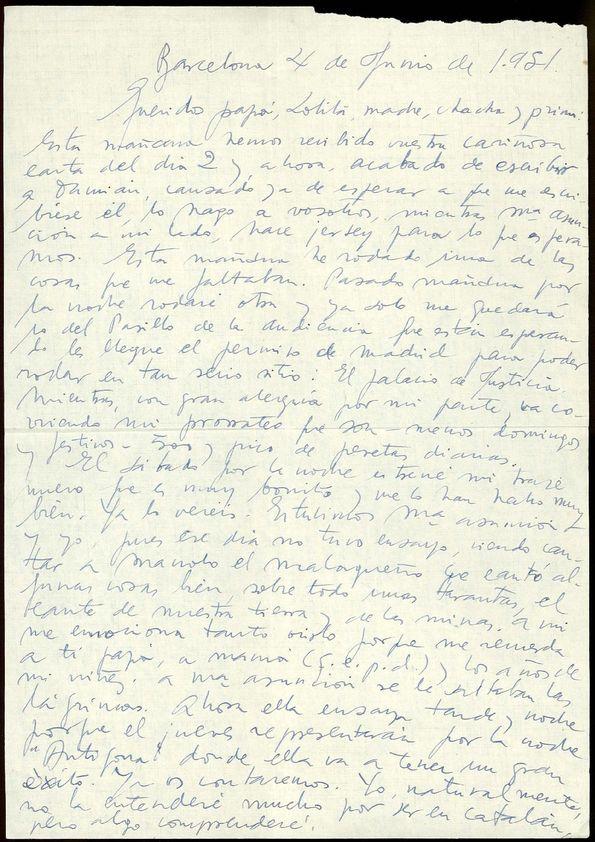 Carta de Francisco Rabal y Asunción Balaguer a la familia de Francisco Rabal. Barcelona, 4 de junio de 1951 | Biblioteca Virtual Miguel de Cervantes