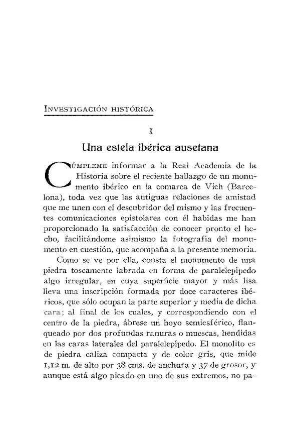 Una estela ibérica ausetana / Francisco Naval y Ayerbe | Biblioteca Virtual Miguel de Cervantes