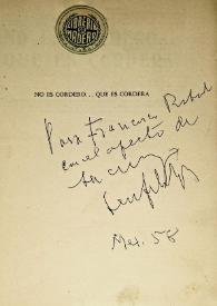 Portada:Dedicatoria de León Felipe en un ejemplar de \"No es cordero... que es cordera, vertido al castellano por León Felipe\" / León Felipe