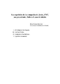 Portada:La expulsión de la compañía de Jesús, 1767, un precedente. Sobre el caso de Toledo / Diego Suárez Quevedo