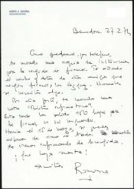Portada:Carta de Mario J. Gaviria a Francisco Rabal. Benidorm, 27 de febrero de 1974