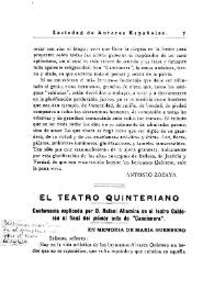 Portada:El teatro quinteriano. Conferencia explicada por D. Rafael Altamira en el teatro Calderón al final del primer acto de \"Cancionera\"