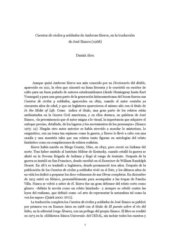 "Cuentos de civiles y soldados" de Ambrose Bierce, en la traducción de José Bianco (1968) / Damià Alou | Biblioteca Virtual Miguel de Cervantes