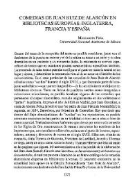 Portada:Comedias de Juan Ruiz de Alarcón en bibliotecas europeas: Inglaterra, Francia y España / Margarita Peña