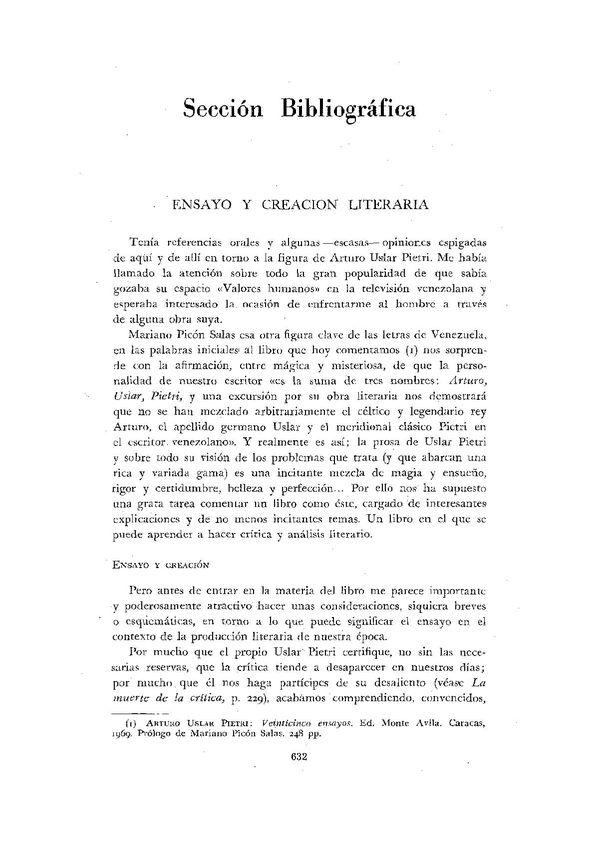 Ensayo y creación literaria. [Uslar Pietri. Veinticinco ensayos] | Biblioteca Virtual Miguel de Cervantes