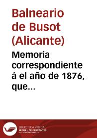 Portada:Memoria correspondiente á el año de 1876, que presenta... el médico director del establecimiento termal del Monte Cabezo de Oro de Busót, en la provincia de Alicante / Joaquin Fernandez Lopez.