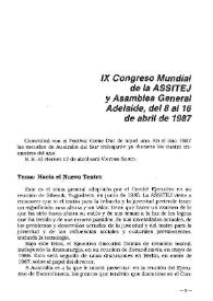 Portada:IX Congreso Mundial de la ASSITEJ y Asamblea General. Adelaide, del 8 al 16 de abril de 1987