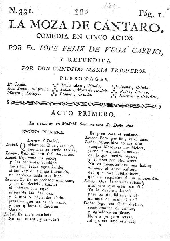 La moza de cántaro / por Fr. Lope Felix de Vega Carpio; y refundida por Don Candido Maria Trigueros | Biblioteca Virtual Miguel de Cervantes