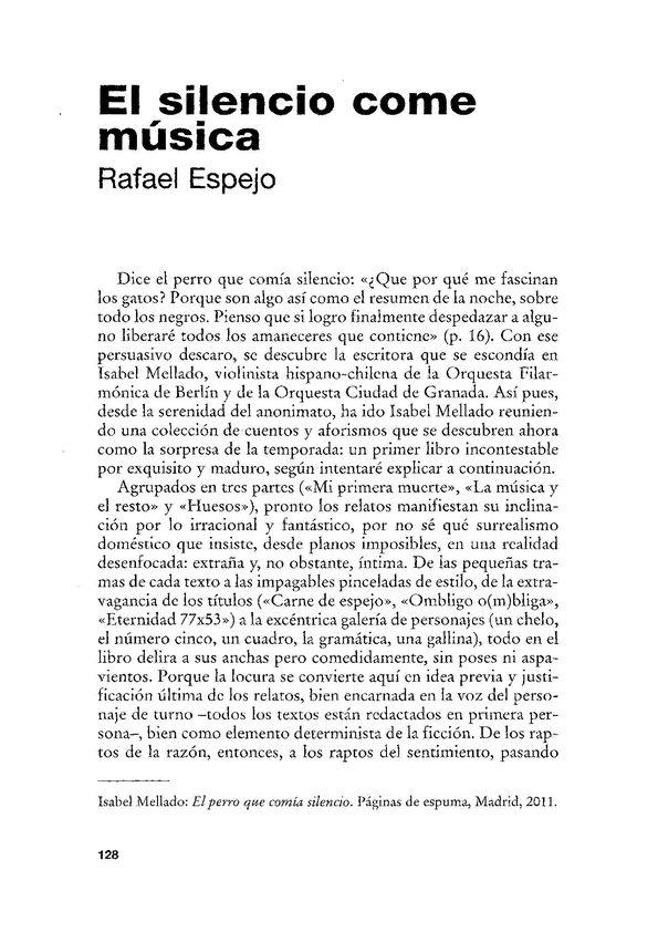 El silencio come música [Reseña] / Rafael Espejo | Biblioteca Virtual Miguel de Cervantes