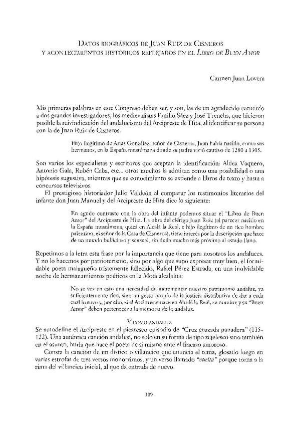 Datos biográficos de Juan Ruiz de Cisneros y acontecimientos históricos reflejados en el "Libro de Buen Amor" / Carmen Juan Lovera | Biblioteca Virtual Miguel de Cervantes