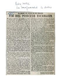 Portada:Fin del proceso de Eichmann : En torno del juicio de un Régimen / Joaquín Calvo-Sotelo