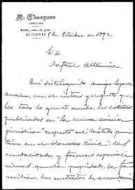 Portada:Carta de R. Charques a Rafael Altamira. Alicante, 9 de octubre de 1892