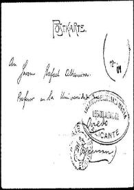 Portada:Tarjeta postal de Cruz a Rafael Altamira. Bayreuth (Alemania), [1901?]