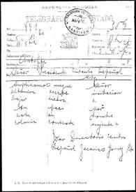 Portada:Telegrama de Zacarías Gómez a Rafael Altamira. Santiago de Chile, 5 de noviembre de 1901