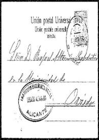 Portada:Tarjeta postal de Ángela y Andrés a Rafael Altamira. Burgos, 23 de octubre de 1903