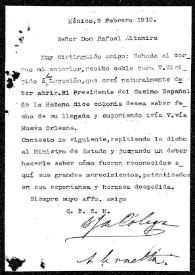 Portada:Carta de B. J. Cólogan a Rafael Altamira. México, 3 de febrero de 1910