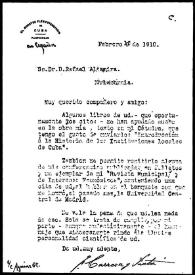 Portada:Carta de F. Carrera y Fuster a Rafael Altamira. 16 de febrero de 1910