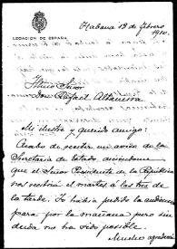 Portada:Carta de Pablo Soler a Rafael Altamira. La Habana, 18 de febrero de 1910