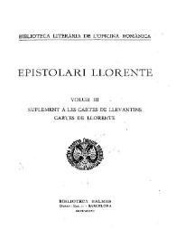 Portada:Epistolari Llorente. Volum III. Suplement a les Cartes de llevantins. Cartes de Llorente