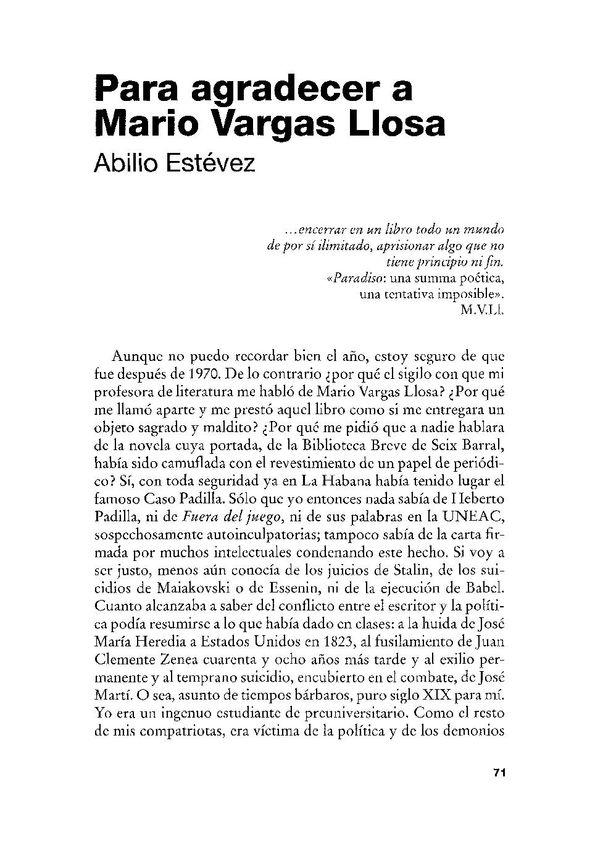 Para agradecer a Mario Vargas Llosa / Abilio Estévez | Biblioteca Virtual Miguel de Cervantes