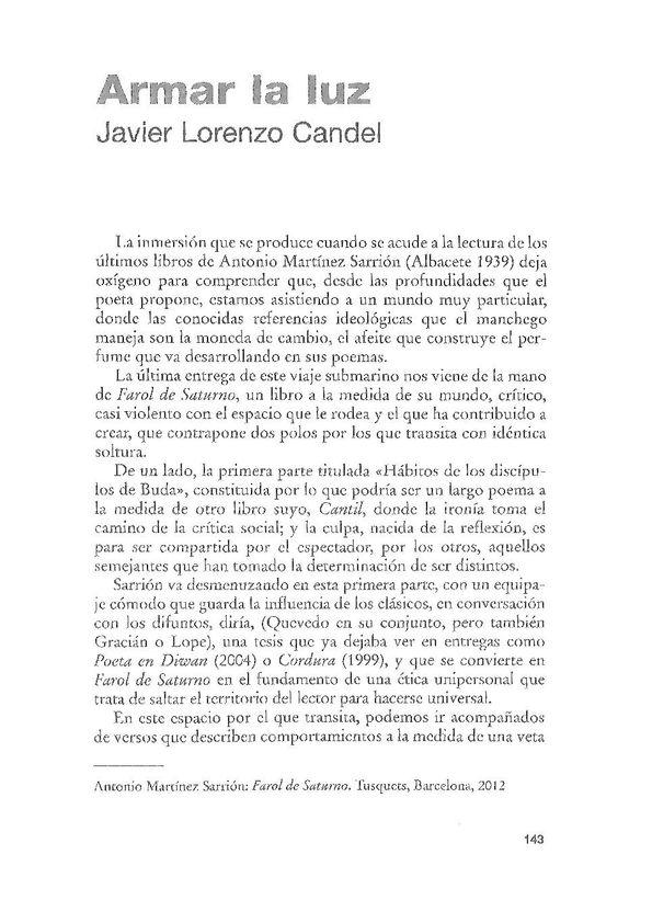 Armar la luz / Javier Lorenzo Candel | Biblioteca Virtual Miguel de Cervantes